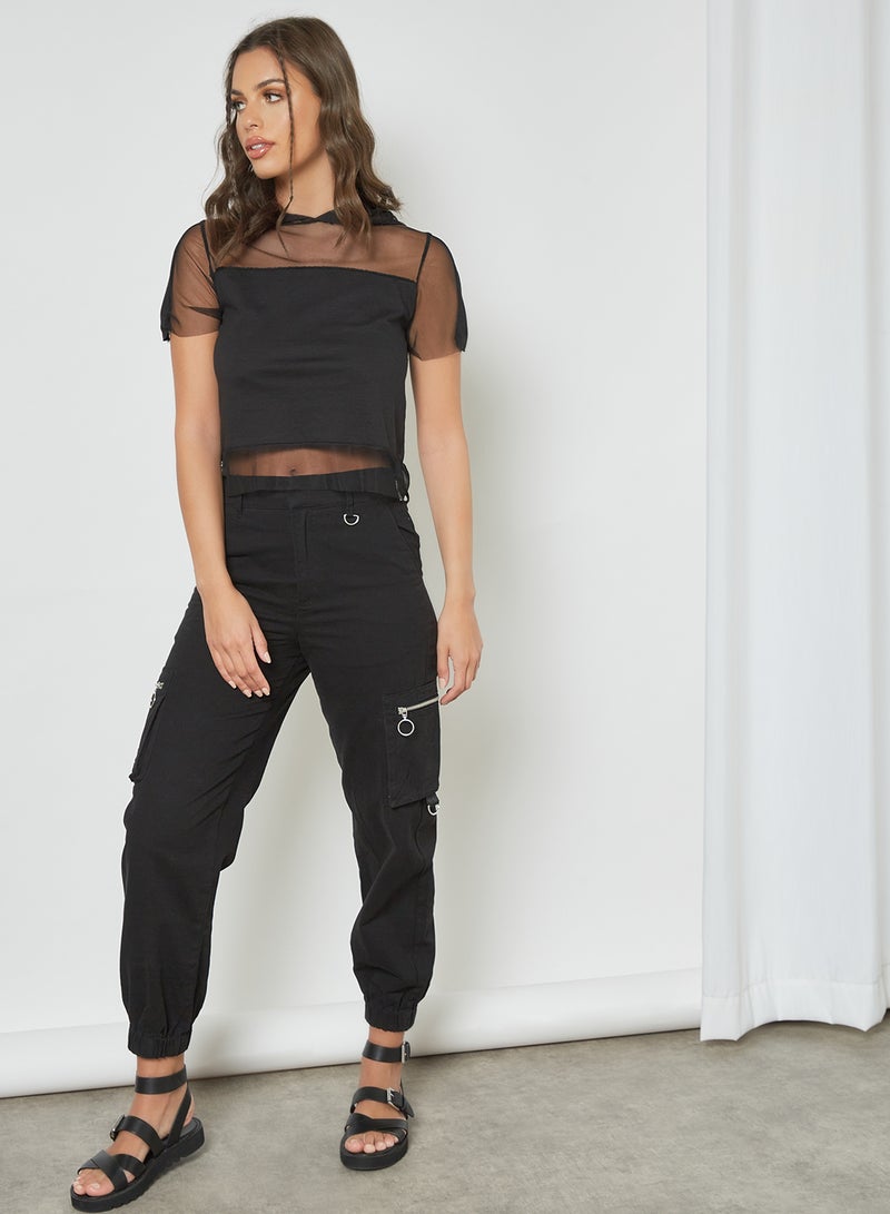 trendyol - Hooded Tulle Panel Top Black - Image 1