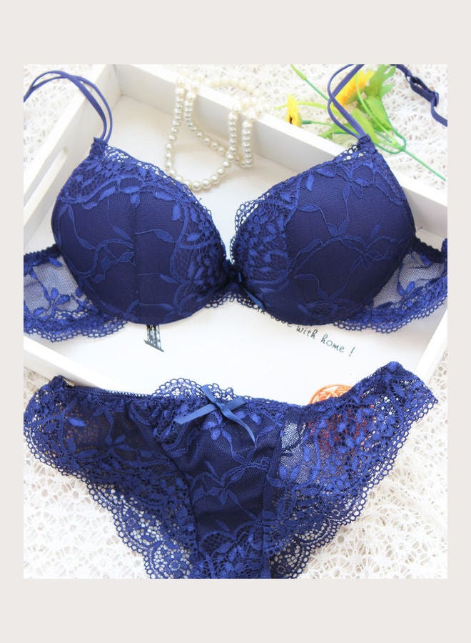 Generic - Women's Comfy Solid Colour Lace 3/4 Cup Bra and Panty Set Blue - Image 1