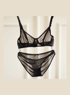 Women's Comfy Solid Colour Lace 3/4 Cup Bra and Panty Set Black
