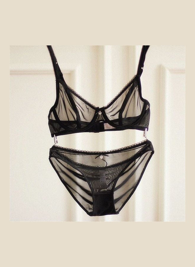 Generic - Women's Comfy Solid Colour Lace 3/4 Cup Bra and Panty Set Black - Image 1