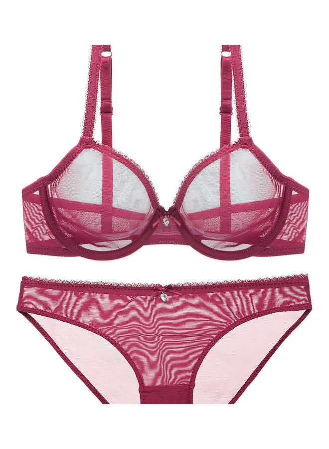 Women's Comfy Solid Colour Lace 3/4 Cup Bra and Panty Set Red  - Image 1