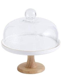 XiuWoo Round Shape Cake Stand with Glass Lid and Wooden Base Clear/White/Brown 19.5 x 25 x 10cm  - Image 1