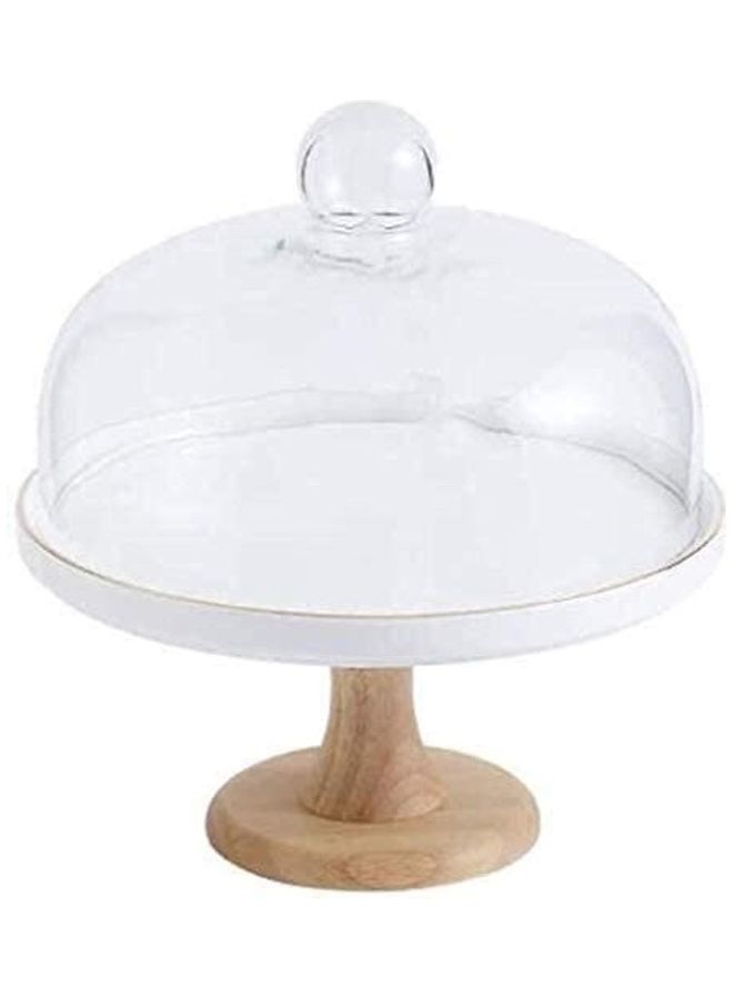 XiuWoo Round Shape Cake Stand with Glass Lid and Wooden Base Clear/White/Brown 19.5 x 25 x 10cm  - Image 1