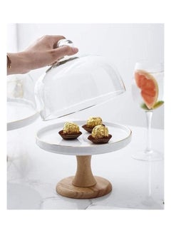 XiuWoo Round Shape Cake Stand with Glass Lid and Wooden Base Clear/White/Brown 19.5 x 25 x 10cm  - Image 2