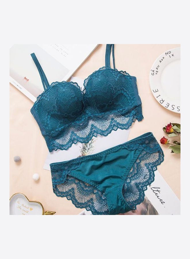 Comfy Solid Colour Lace Thin Bra Panty Set Blue - Image 2
