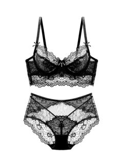 Women Comfy Lace Beauty Back Thin Bra Panty Set Black