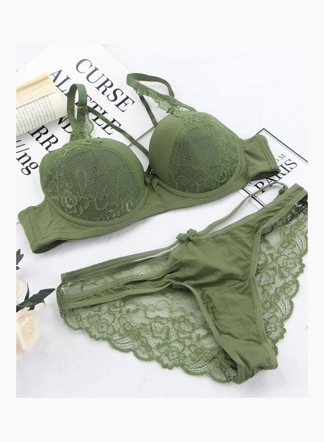 2-Piece Lace Patched Push Up Bra Set Green