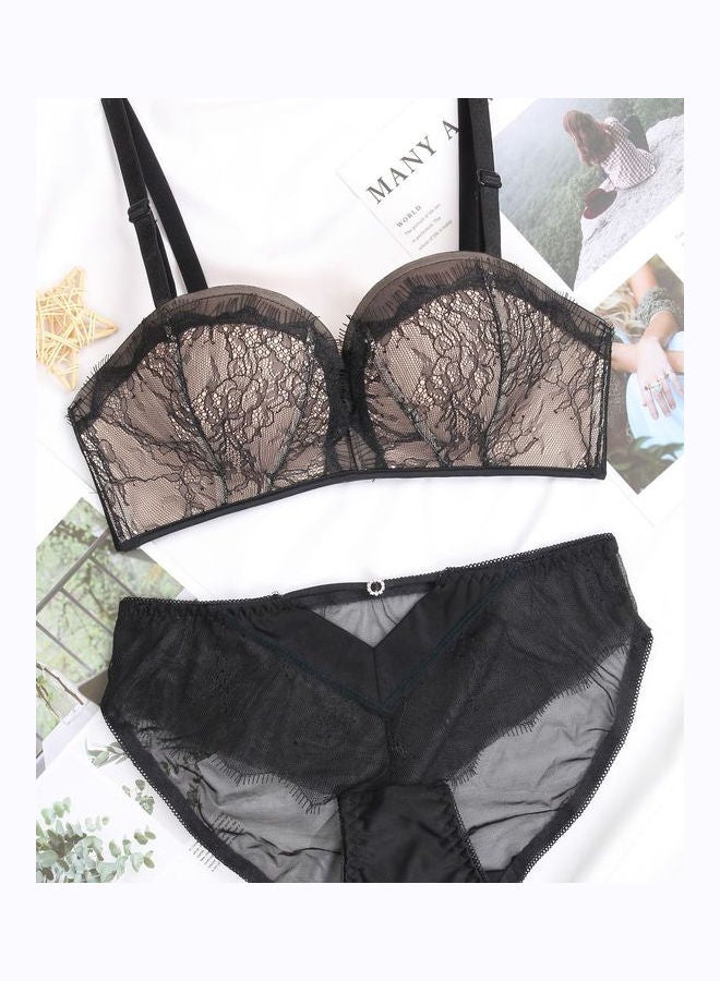 Generic - Comfy Solid Colour Lace Thin Bra Panty Set Black/Beige - Image 1