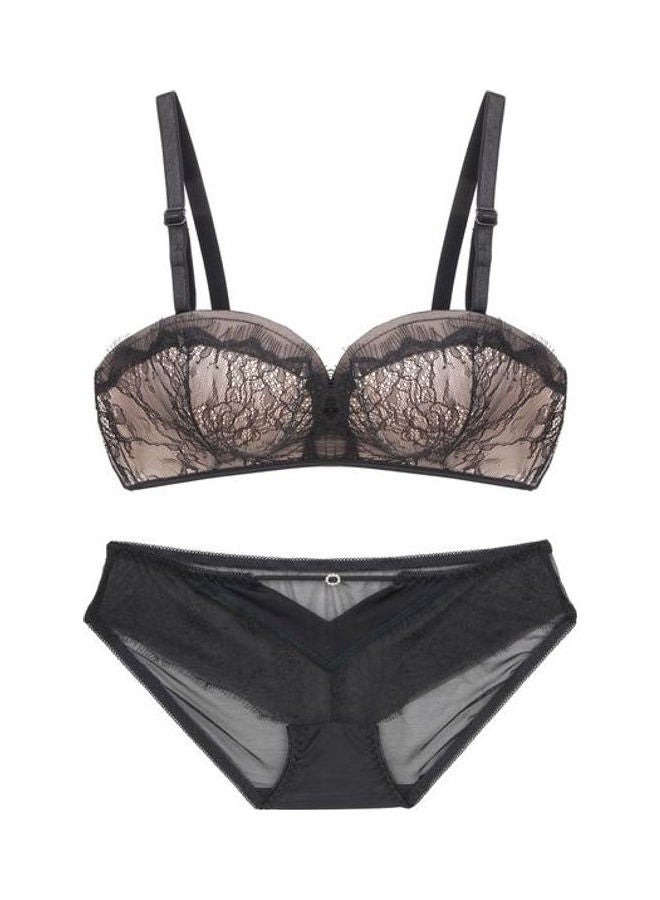 Generic - Comfy Solid Colour Lace Thin Bra Panty Set Black/Beige - Image 1