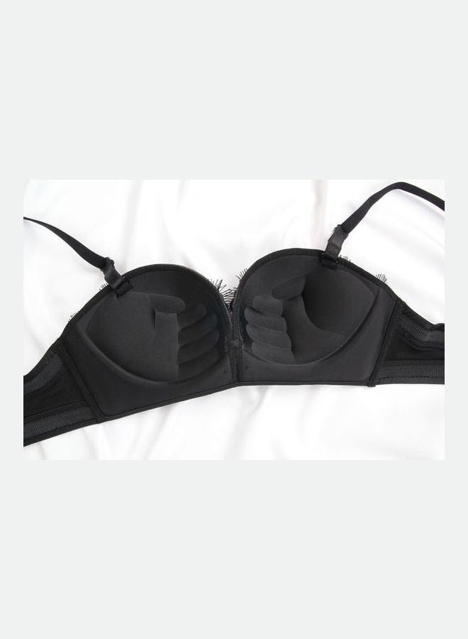 Generic - Comfy Solid Colour Lace Thin Bra Panty Set Black/Beige - Image 1