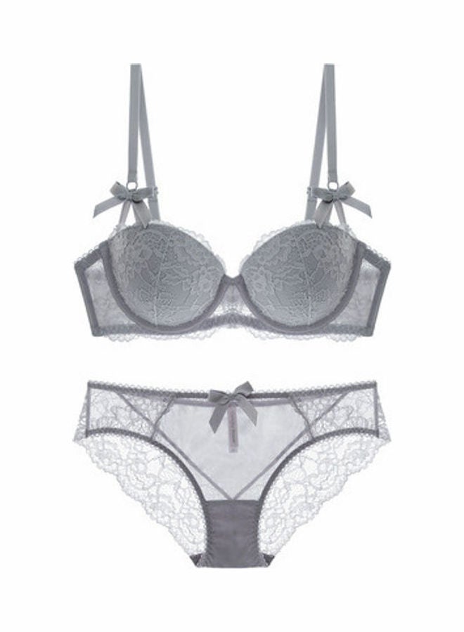 Comfy Solid Colour Lace Thin Bra Panty Set Grey 