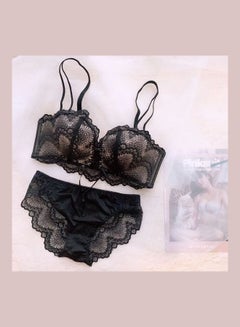 Generic Comfy Solid Colour Lace Thin Bra Panty Set Black/Beige  - Image 1