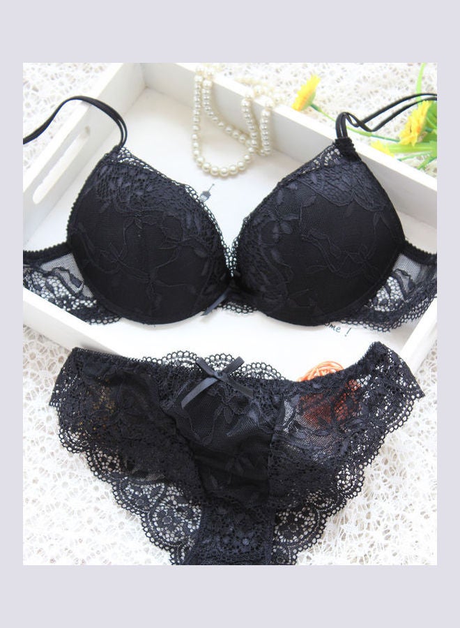 Generic - Comfy Solid Colour Lace Thin Bra Panty Set Black - Image 1