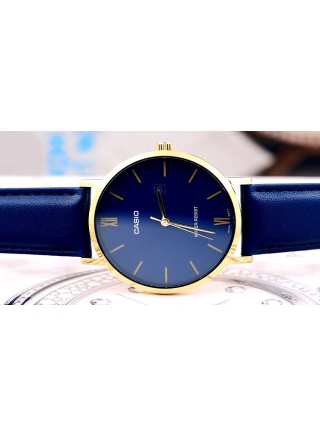 CASIO - Men's Leather Analog Quartz Wrist Watch MTP-VT01GL-2B2UDF Blue/Gold - 40 mm - Blue - Image 1