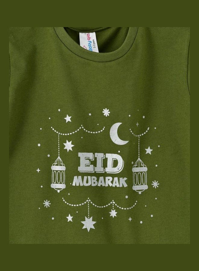 بيبي كلو تيشيرت بطبعة عبارة "Eid Mubarak" أخضر - Image 3