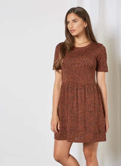 Jacqueline de Yong Leopard Printed Mini Dress Rustic Brown