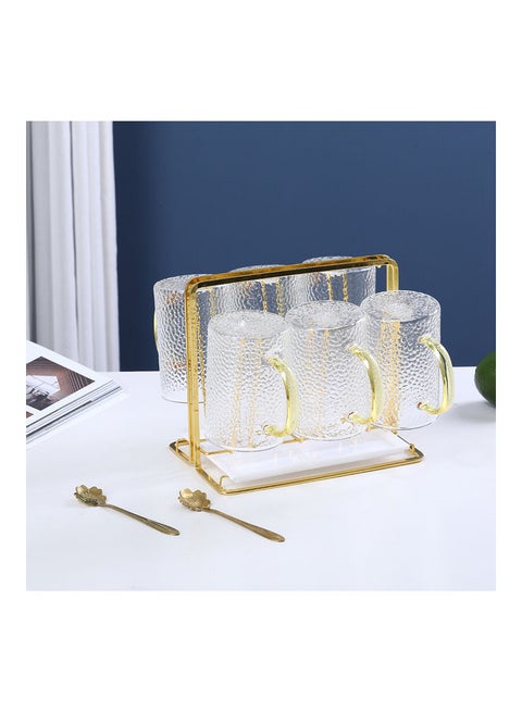 13 Piece Glass Cup Set Gold With Cup Holder And  Flower Shaped Spoons Gold 30x25x30cm