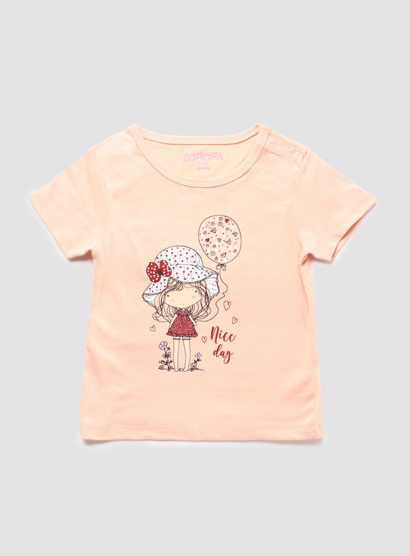 Zarafa Round Neck Graphic Printed T-Shirt Peach Yellow  - Image 1