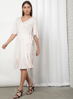 OFFROAD Basic Plain V-Neck Flared Sleeves Dress Beige  - Image 3