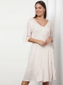 OFFROAD Basic Plain V-Neck Flared Sleeves Dress Beige  - Image 1
