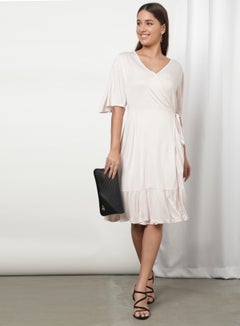 OFFROAD Basic Plain V-Neck Flared Sleeves Dress Beige  - Image 5