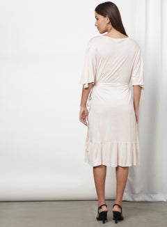 OFFROAD Basic Plain V-Neck Flared Sleeves Dress Beige  - Image 2