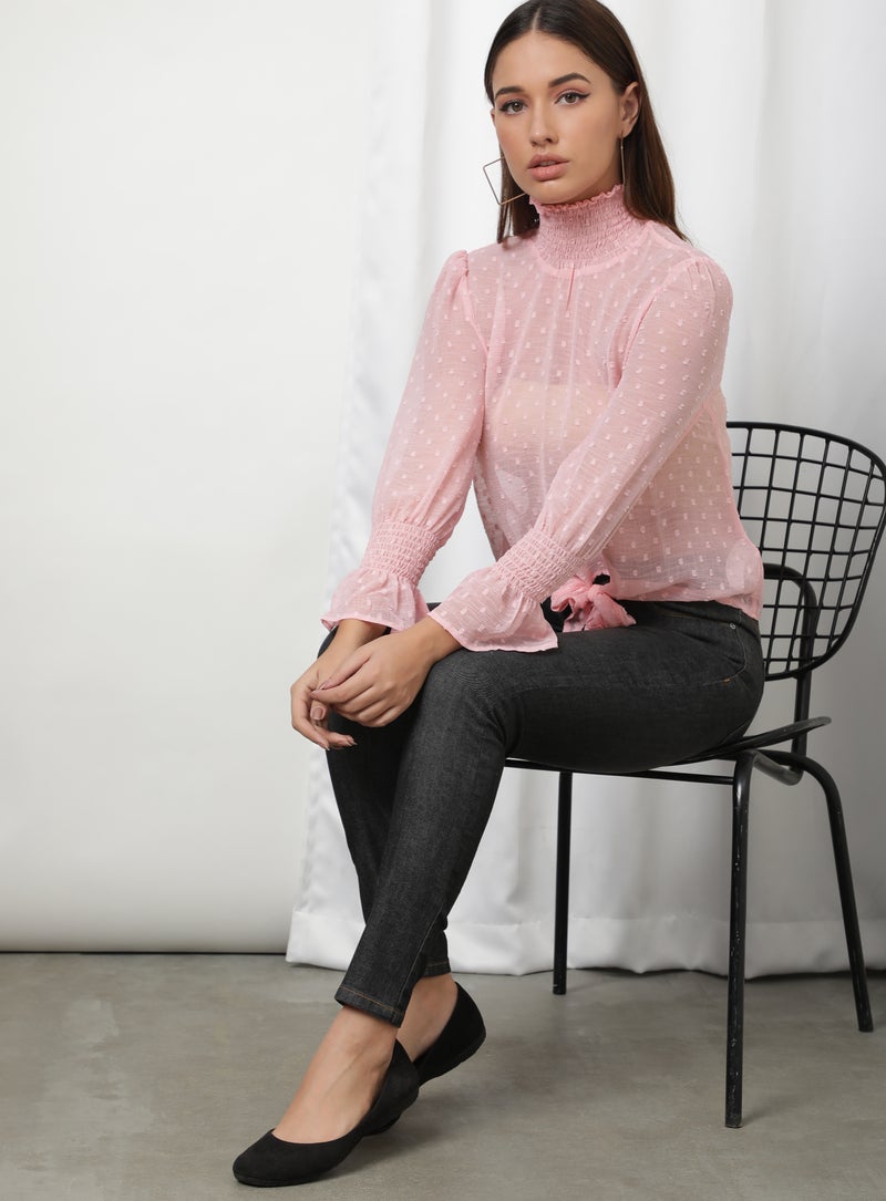 Aila Polka-Dot Pattern High Neck Blouse Top Pink  - Image 5