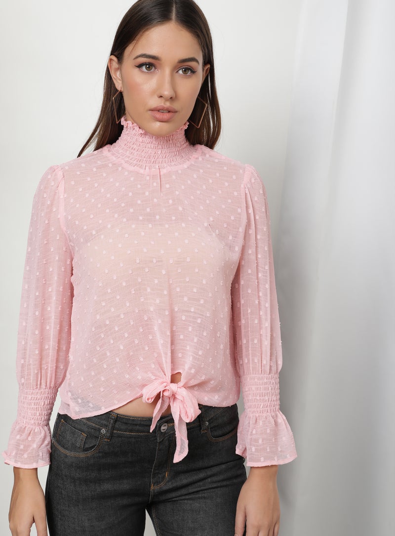 Aila Polka-Dot Pattern High Neck Blouse Top Pink  - Image 1