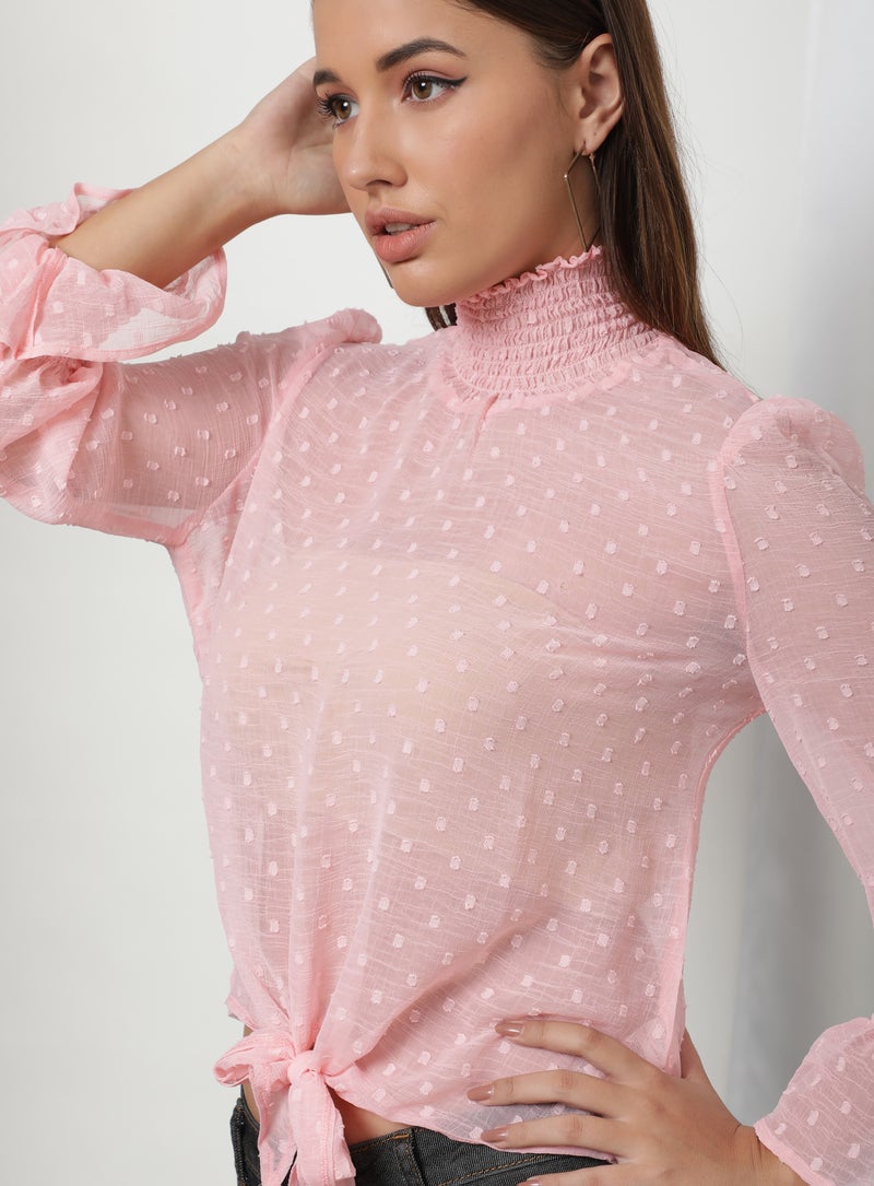 Aila Polka-Dot Pattern High Neck Blouse Top Pink  - Image 4