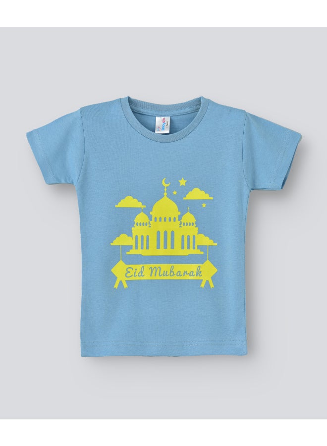 بيبي كلو تيشيرت بفتحة رقبة مستديرة وطبعة عبارة "Eid Mubarak" أزرق سماوي/أصفر - Image 1
