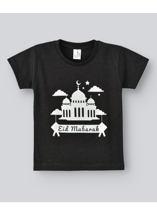 بيبي كلو تيشيرت بفتحة رقبة مستديرة وطبعة عبارة "Eid Mubarak" رمادي داكن / أبيض - Image 1