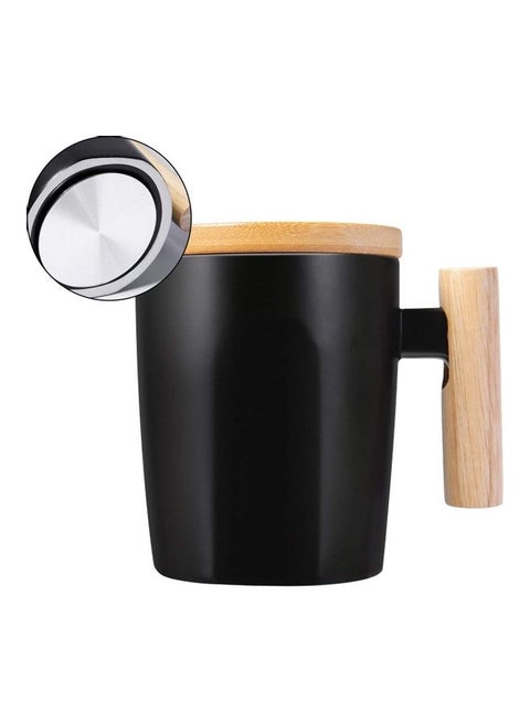 Flat Bottom Coffee Mug with Wood Lid and Handle Black/Beige