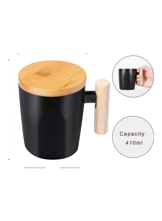 Flat Bottom Coffee Mug with Wood Lid and Handle Black/Beige