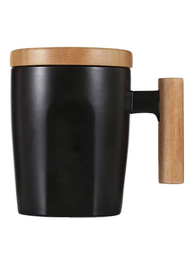 Flat Bottom Coffee Mug with Wood Lid and Handle Black/Beige