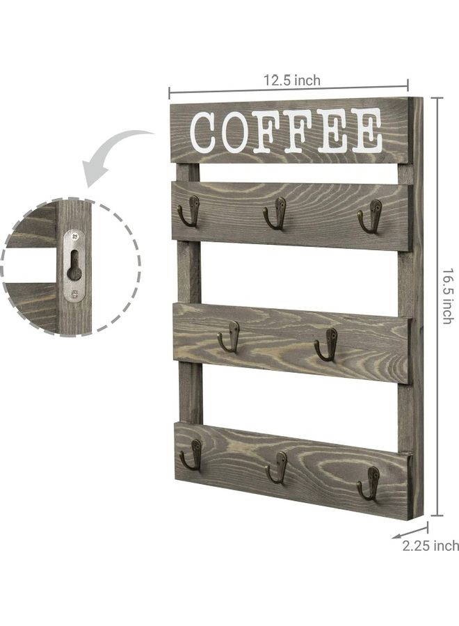 XiuWoo - 8-Hook Rustic Burnt Wood Small Coffee Mug Holder Wall Mounted Rack Brown - Image 1