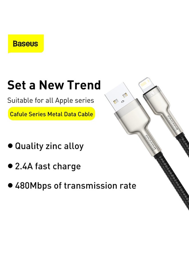 Baseus - USB-A to Lightning-Fast Charging Data Transfer Cable Cafule Series Braided Nylon 2.4A for iPhone 14 Pro/14 Pro Max, 13 Pro/13 Pro Max/13/13 mini, iPad 9, 12 mini/12/12 Pro and More 1M Black/Silver - Image 1