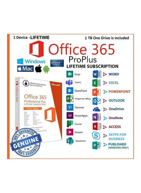 Office 365 Lifetime 1 Devices and 1 TB One Drive Multicolour