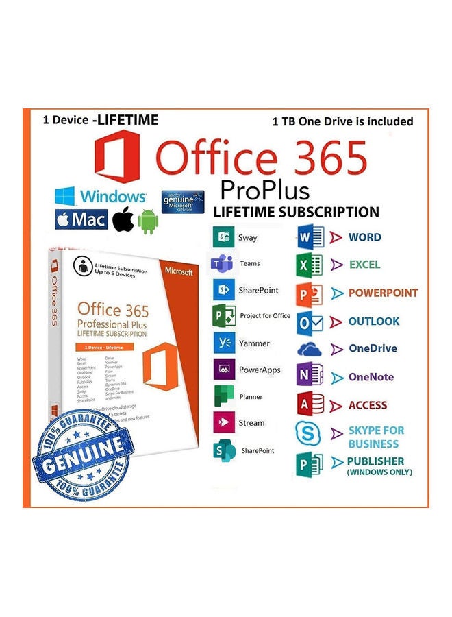 Office 365 Lifetime 1 Devices and 1 TB One Drive Multicolour