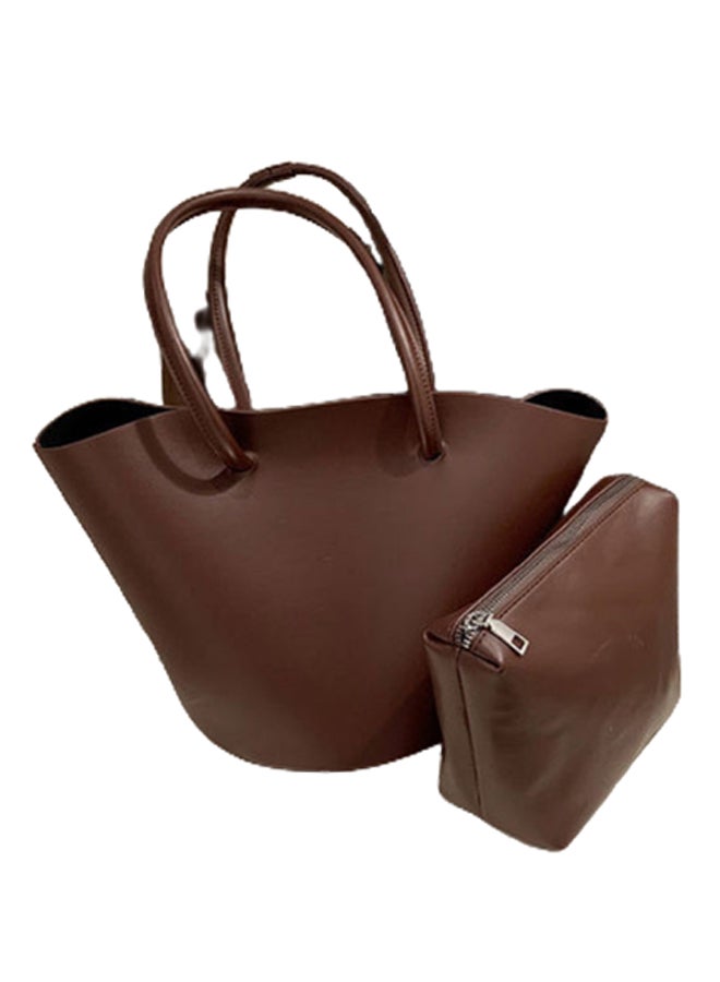 2-Piece Plain Textured Tote And Purse Set Dark Brown  - Image 1
