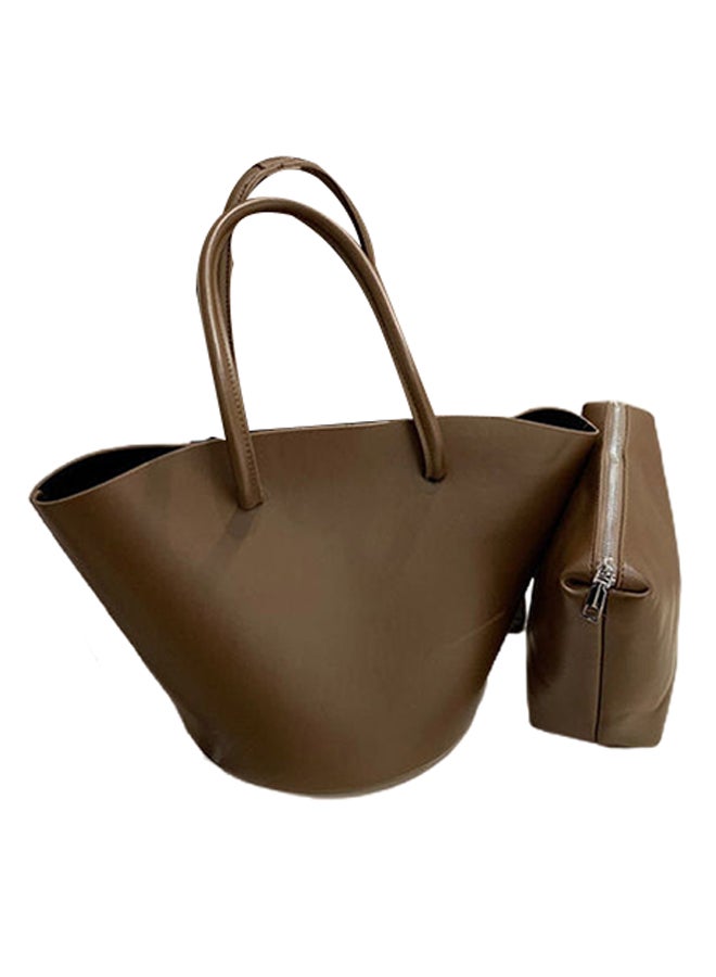 2-Piece Plain Textured Tote And Purse Set Coffee - Image 1