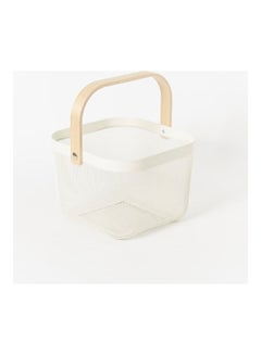 Home Box Storage Basket With Wooden Handle Beige 25x25x17cm  - Image 5
