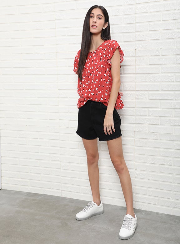 OFFROAD Casual Round Neck Flared Printed Blouse Top Aop Coral  - Image 4