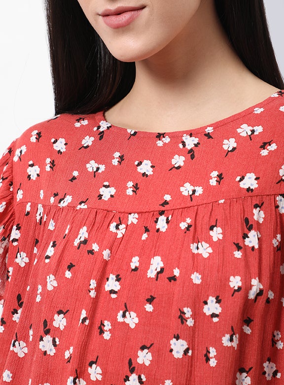 OFFROAD Casual Round Neck Flared Printed Blouse Top Aop Coral  - Image 3