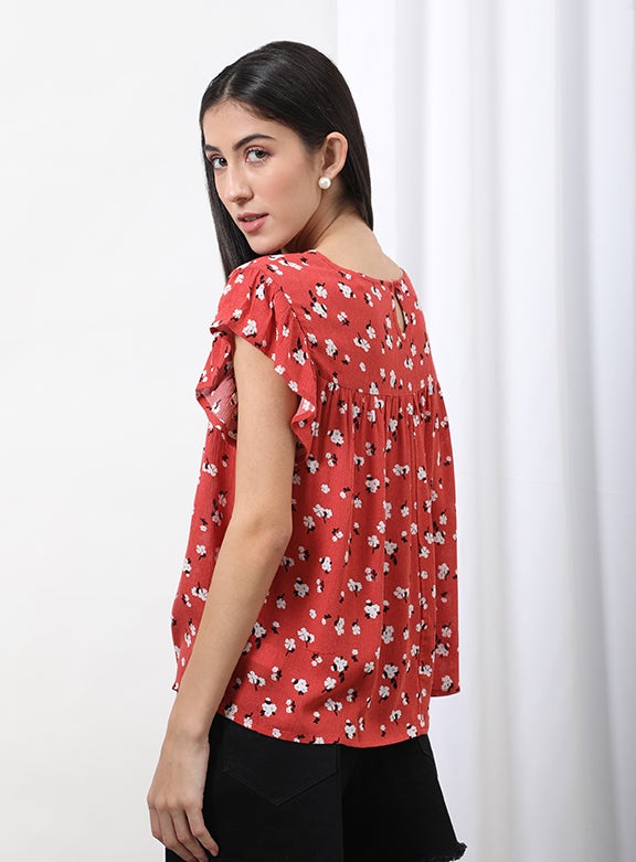 OFFROAD Casual Round Neck Flared Printed Blouse Top Aop Coral  - Image 2
