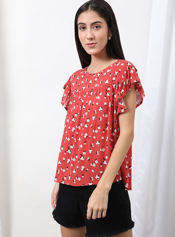 OFFROAD Casual Round Neck Flared Printed Blouse Top Aop Coral  - Image 1