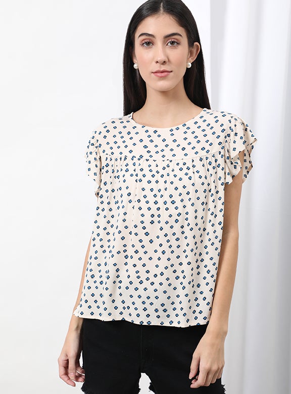 OFFROAD Casual Round Neck Flared Printed Blouse Aop Off White  - Image 1