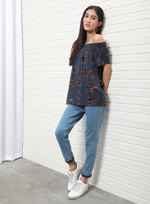 OFFROAD Casual Off Shoulder Floral Blouse Top Aop Blue  - Image 4