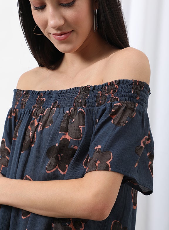 OFFROAD Casual Off Shoulder Floral Blouse Top Aop Blue  - Image 3