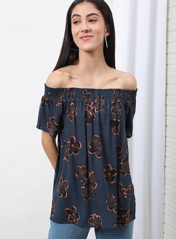 OFFROAD Casual Off Shoulder Floral Blouse Top Aop Blue  - Image 1