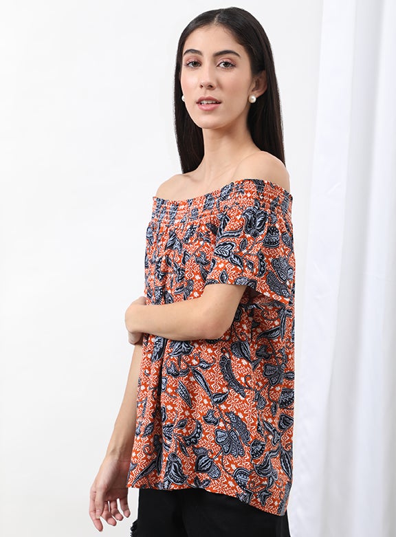 OFFROAD Casual Off Shoulder Floral Blouse Top Aop Orange  - Image 2